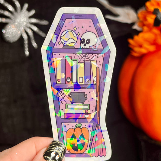 Purple Coffin Halloween Bookshelf Holographic Sticker Halloween Kindle Decal Spooky Fall Reader Gift Bookish Decal