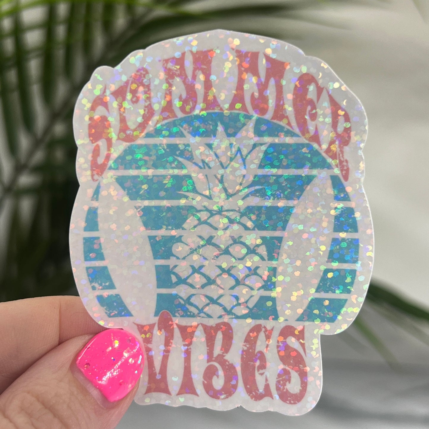 Summer Vibes Blue Pink Surfing Retro Holographic Sparkly Sticker Beach Life Decal Boating Sticker Summer Vacation Ocean Life Sticker