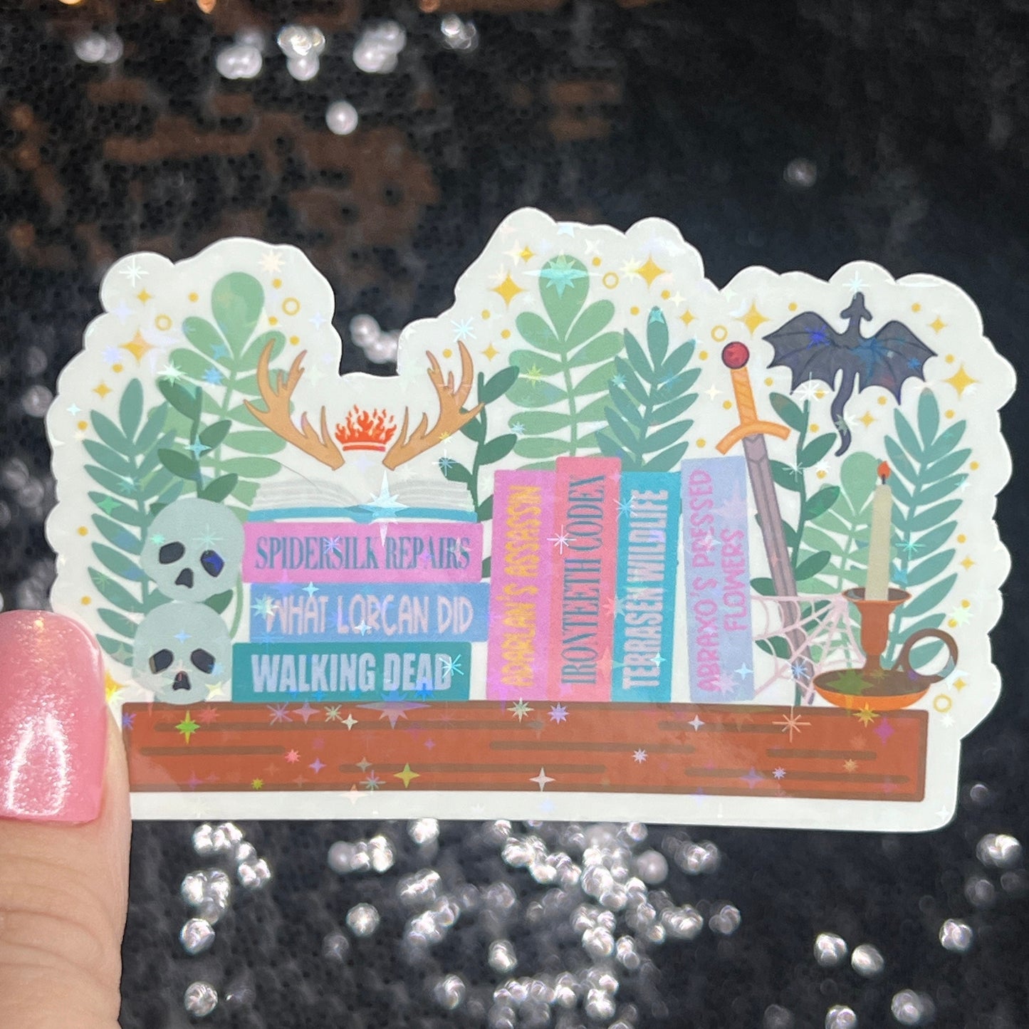 Throne of Glass Bookshelf Holographic Sticker Aelin The Thirteen Tog bottle decal Manon TOG laptop Kindle sticker Fireheart Dragon Wyvern