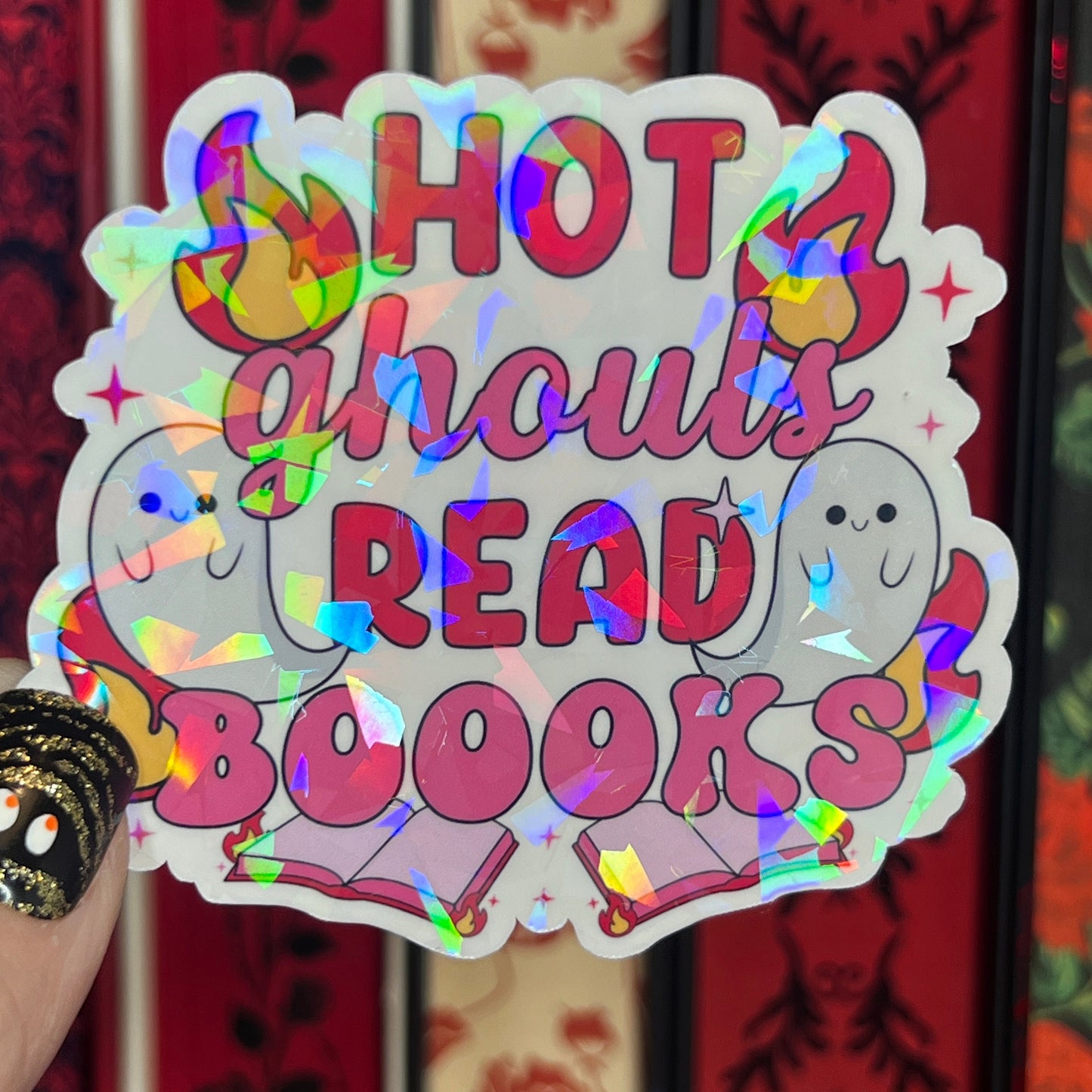 Hot Ghouls Read Books Spooky Pink Halloween Holographic Sticker Sparkly Decal, Spicy Dark Romance kindle waterbottle laptop Bookish Present