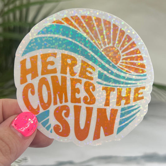 Here Comes the Sun Summer Holographic Sparkly Sticker Beach Life Decal Boating Sticker Summer Vacation Ocean Life Sticker