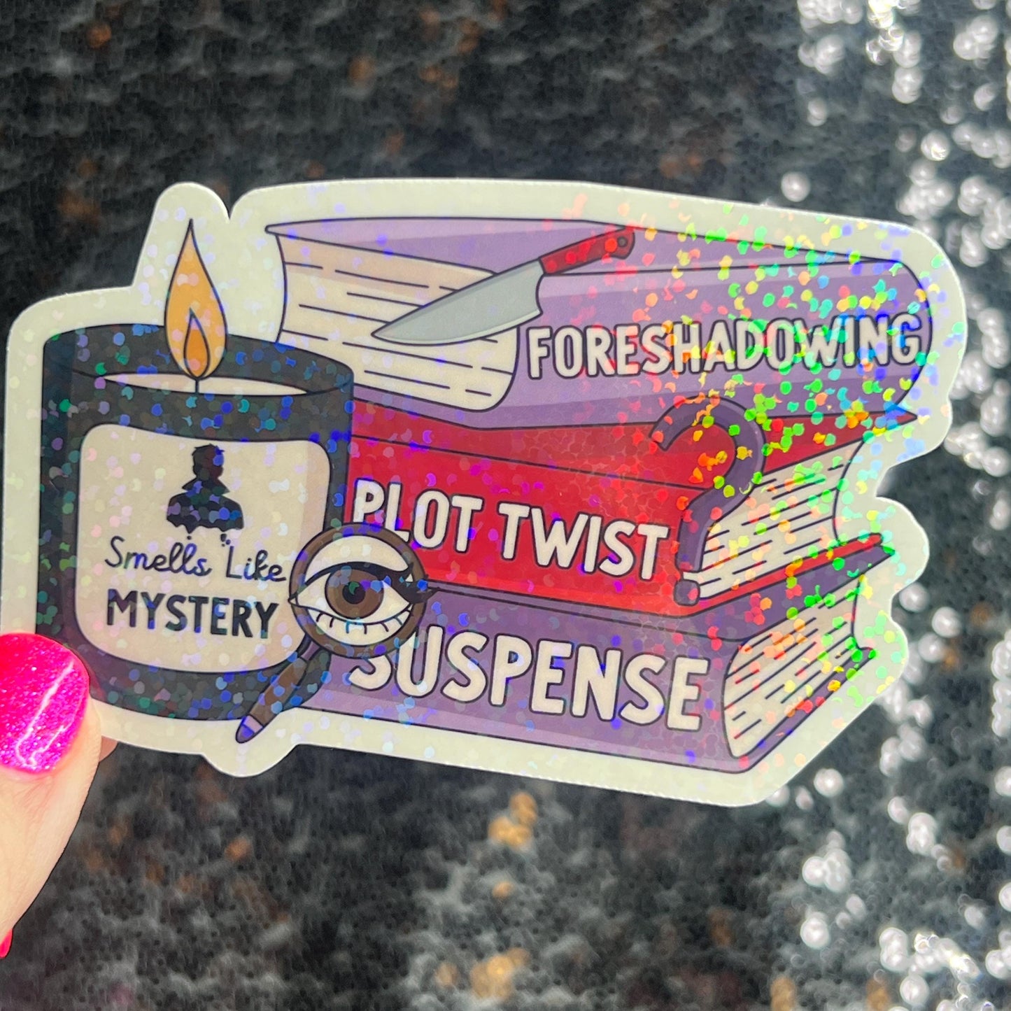 Smells Like a Mystery Holographic Sticker Decal, Cozy Mystery Reads Bookish kindle waterbottle laptop Reader Bookish Present Gift