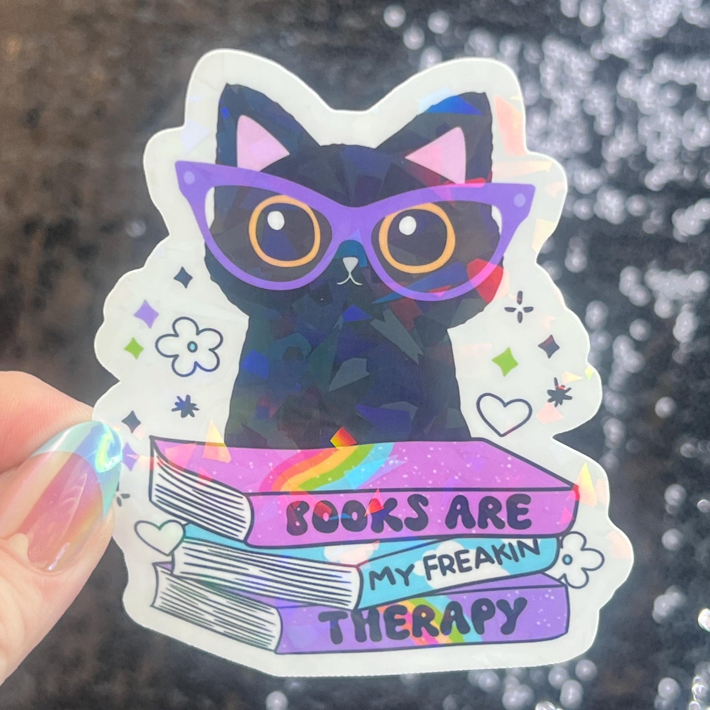 Books are My Therapy Holographic Sticker Book Lover Sparkly Decal, Spicy Bookclub, kindle waterbottle laptop Reader Librarian Gift