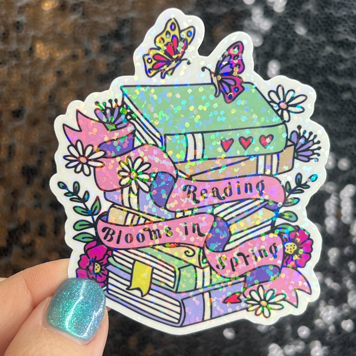 Reading Blooms in Spring floral sparkly  holographic sticker Decal for Readers bookish sticker gift for readers kindle laptop decal