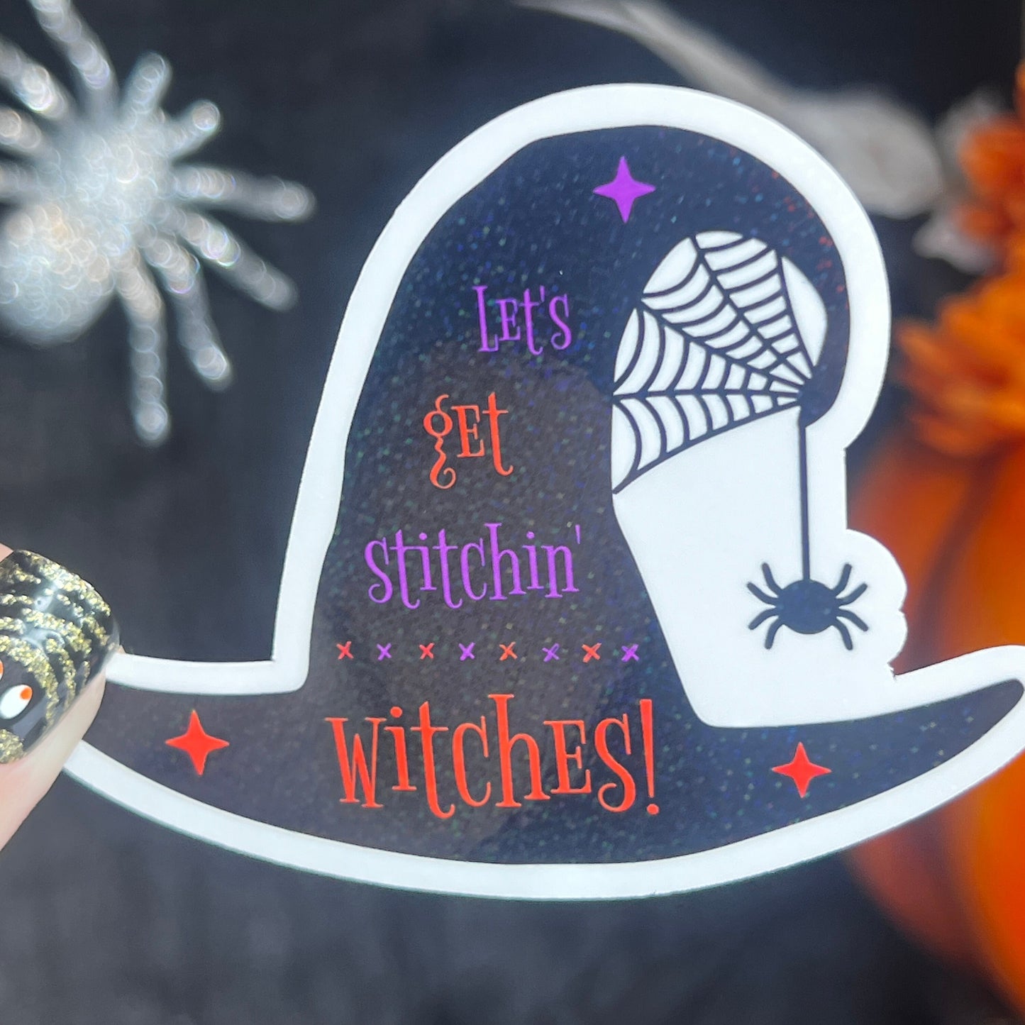 Let's Get Stitchin Witches holographic sticker thimble quilting sticker quilter Halloween decal sewing machine sticker cross stitch sticker