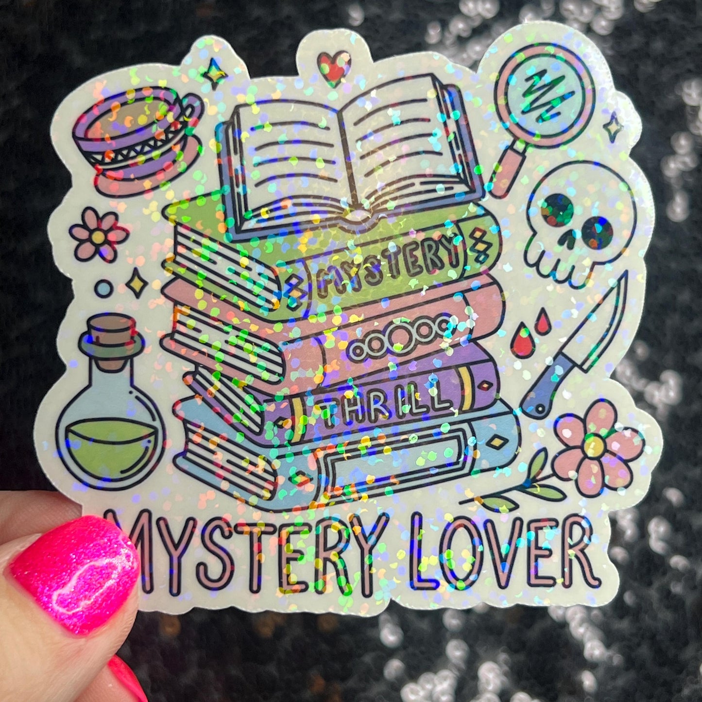 Mystery Lover Holographic Sticker Decal, Cozy Mystery Reads Bookish kindle waterbottle laptop Reader Bookish Present Gift