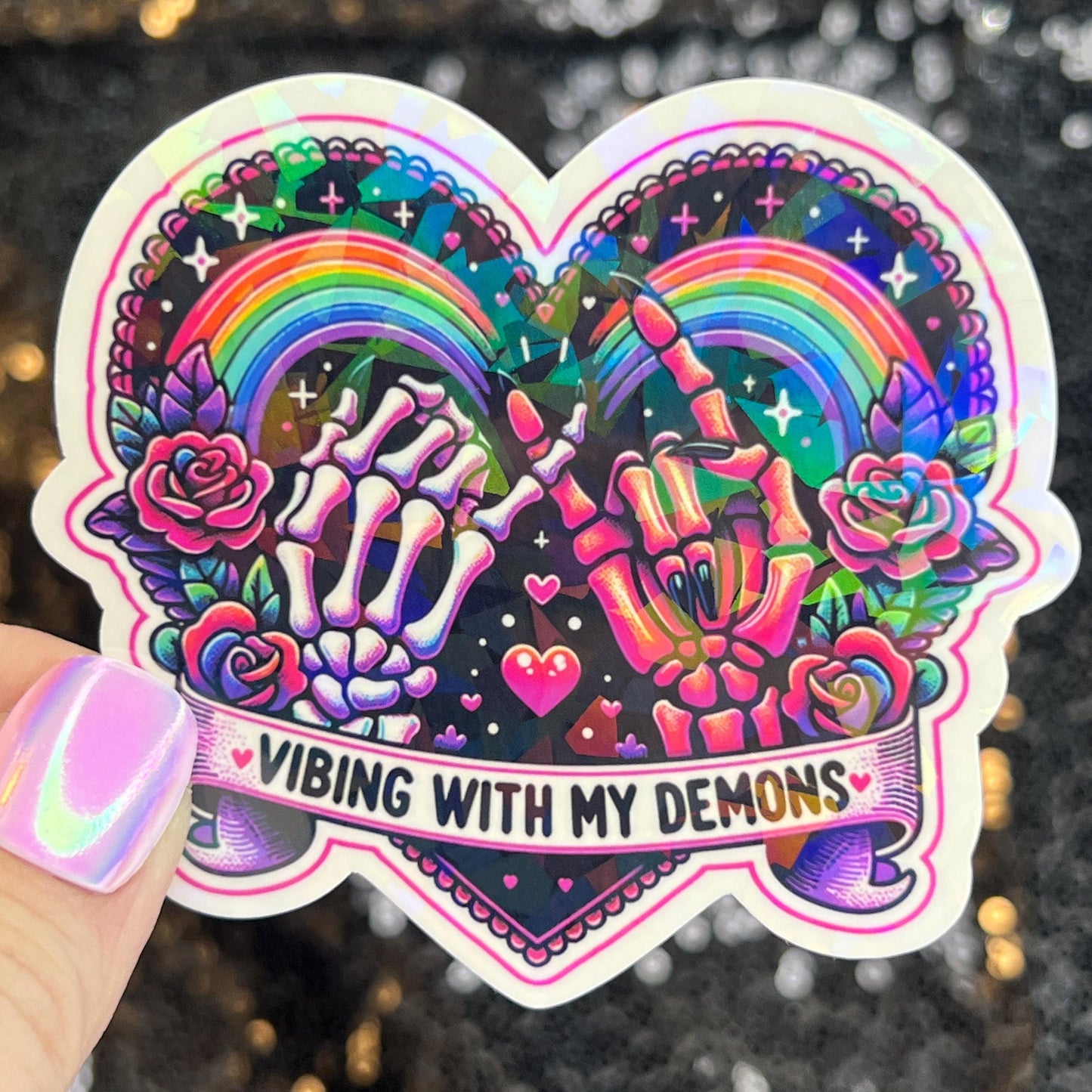 Vibing with my demons colorful Holographic Sticker Mental Health Sticker Sparkly Spread Positivity Good Vibes Decal Inspirational Rainbow