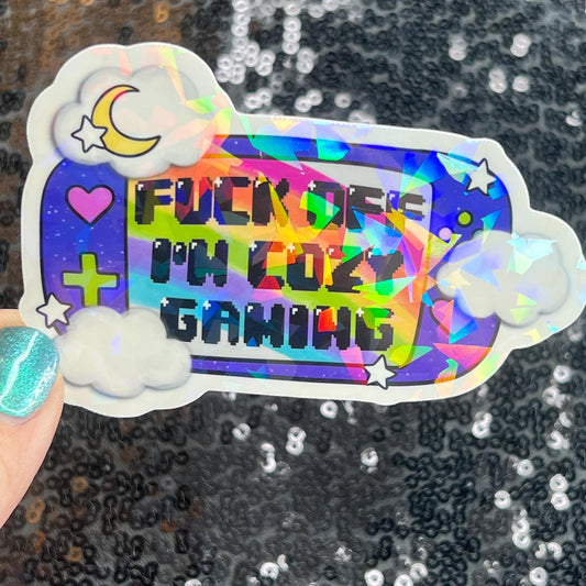 F Off I’m Cozy Gaming Holographic Sticker Gamer Girl Gift PC Switch Cozy Games Valley Girl Games Gift for Girls Gift for Gamers