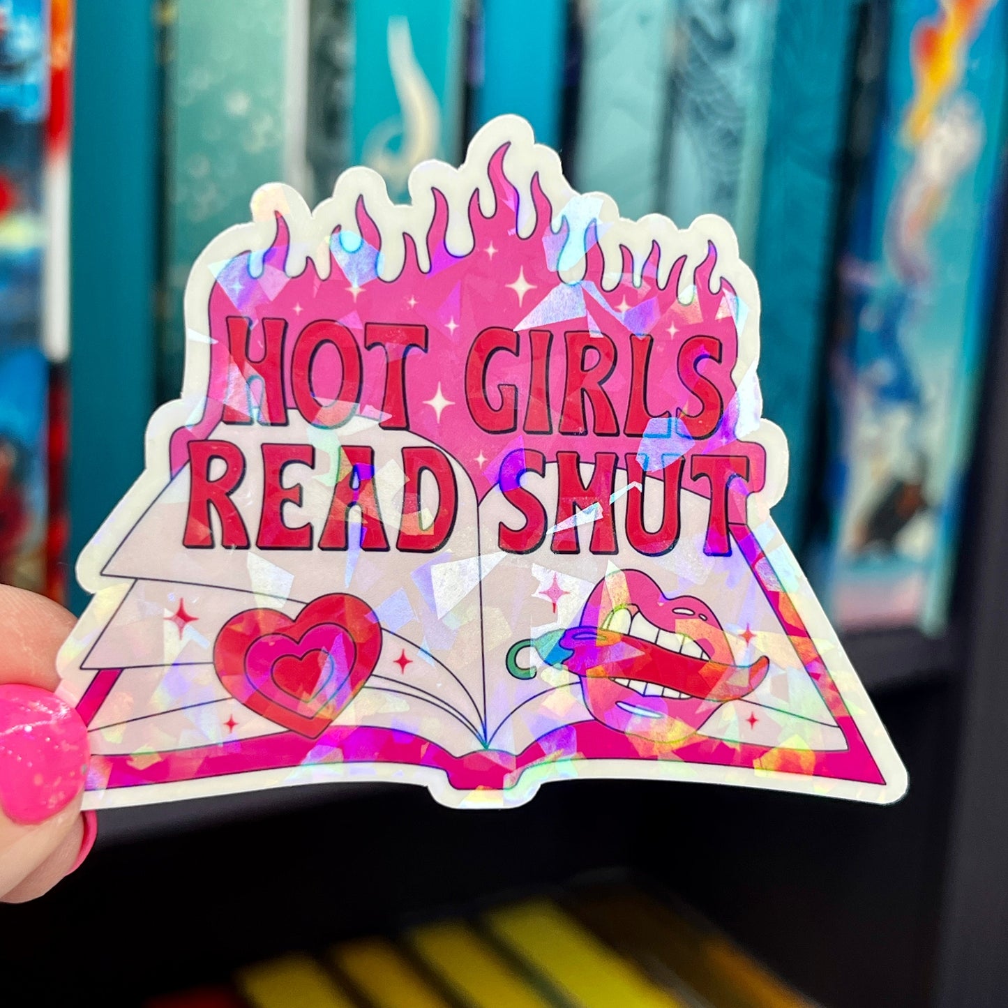 Hot Girls Read Smut Hot Pink Sticker Holographic Book Lover Sparkly Decal, Spicy Dark Romance Bookish, kindle waterbottle