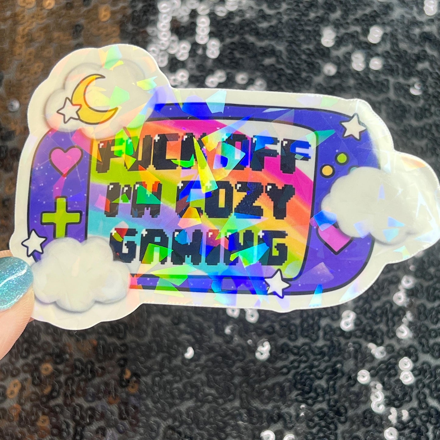 F Off I’m Cozy Gaming Holographic Sticker Gamer Girl Gift PC Switch Cozy Games Valley Girl Games Gift for Girls Gift for Gamers
