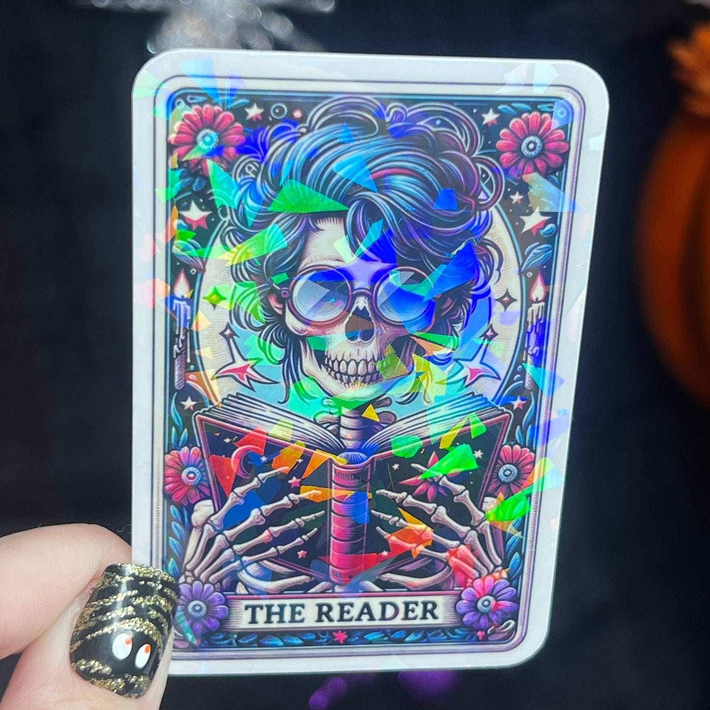 The Reader Tarot Card Sticker Holographic Book Lover Sparkly Decal, Spicy Dark Romance, kindle waterbottle laptop