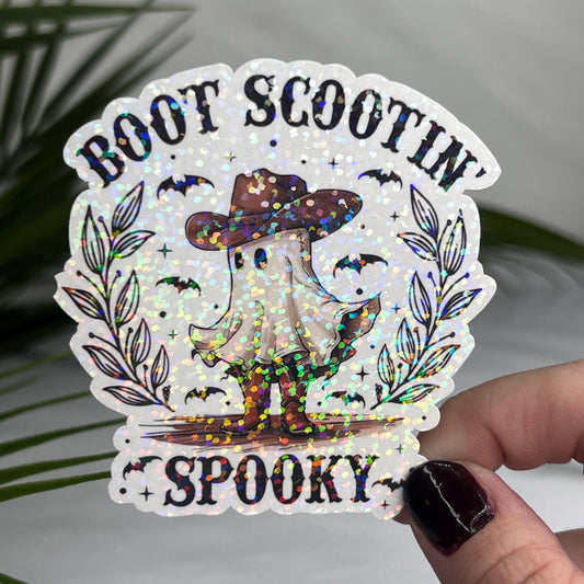 Boot Scootin Spooky Ghost Halloween Sticker | Mental Health Sticker Funny & Sassy Decal Sparkly Work Humor Sticker Spooky Season