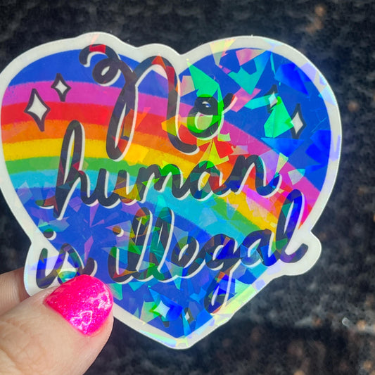 No Human Is Illegal Holographic Sticker Hands Offf Protest Anti Trump JD Vance Pro Choice Feminist Sticker Liberal Democrat Decal Minimalist