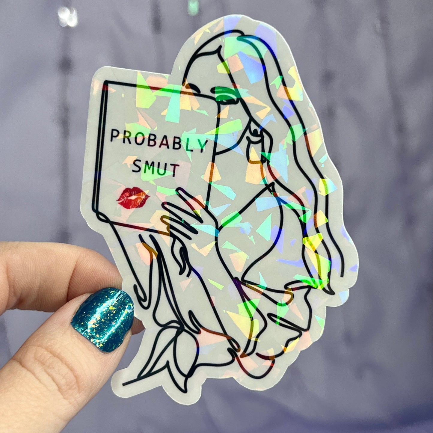 Probably Smut Girl Reading Sparkly Sticker Holographic Book Book Lover, Spicy Dark Romance, Booktok, kindle waterbottle laptop Romance Decal