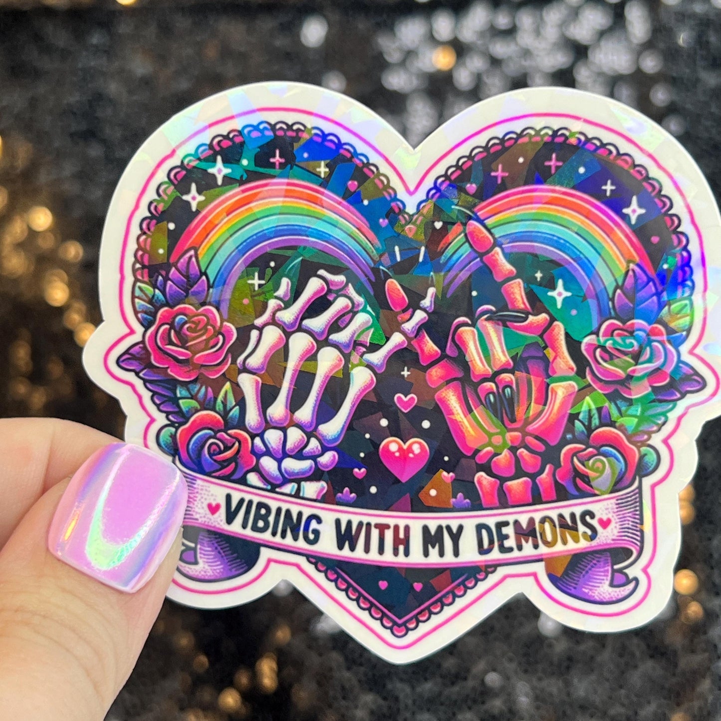 Vibing with my demons colorful Holographic Sticker Mental Health Sticker Sparkly Spread Positivity Good Vibes Decal Inspirational Rainbow