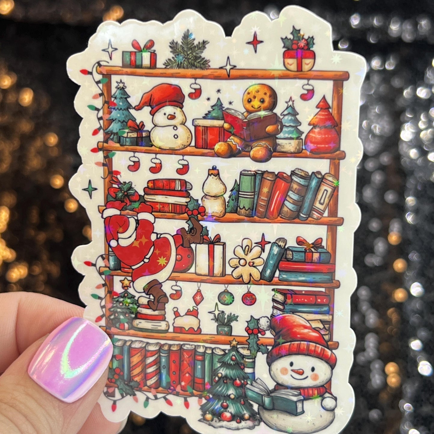 Christmas Bookshelf Santa Snowmen Holographic Sticker, Xmas Bookish Kindle Sticker Reader Decal Book Lover Christmas Gift Book Club