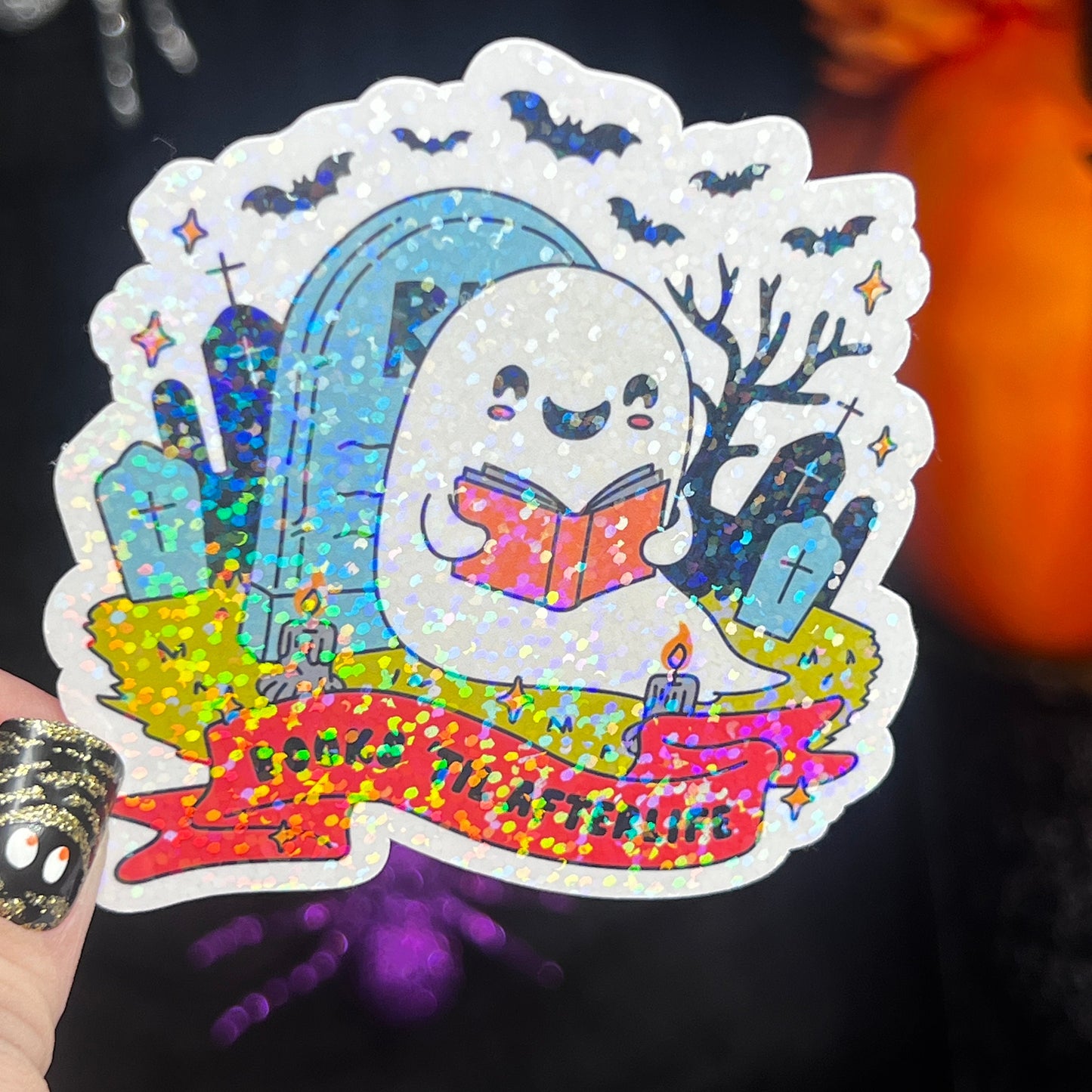 Books Til Afterlife Ghost Halloween Holographic Sticker Halloween Kindle Decal Spooky Fall Reader Gift Bookish Decal