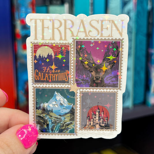 Terrasen Stamps Throne of Glass Holographic Sticker Aelin Tog water bottle decal TOG laptop sticker SJM Decal Kindle Sticker
