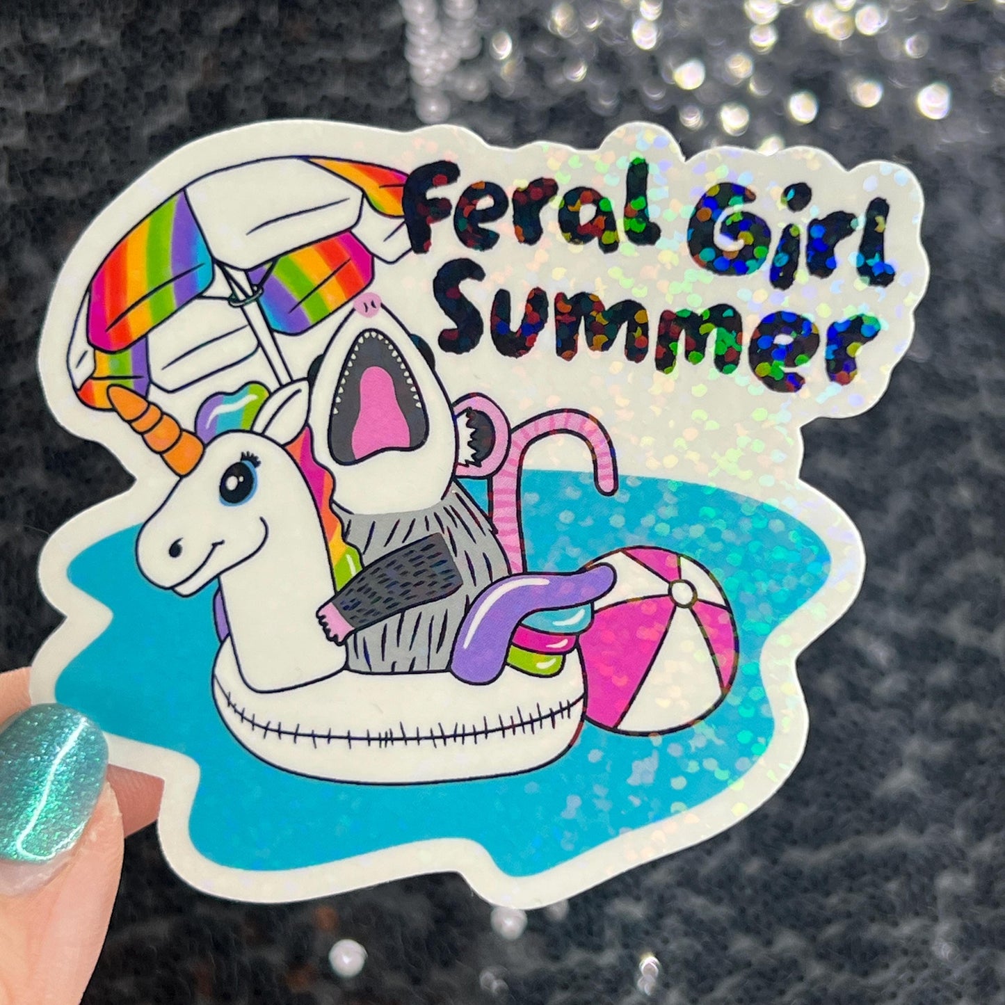 Feral Girl Summer Holographic Sparkly Sticker Beach Life Decal Boating Sticker Summer Vacation Ocean Life Sticker Possum Swimming