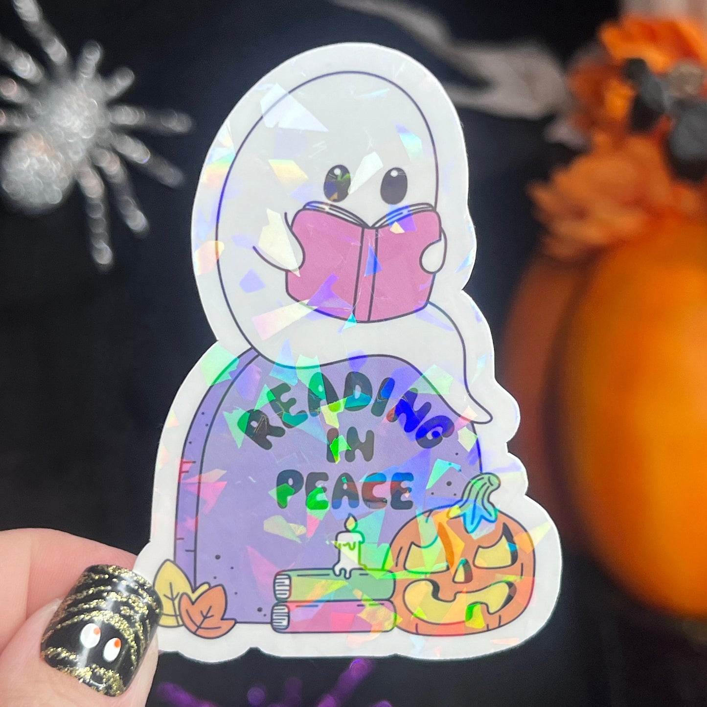 Reading in Peace Ghost Halloween Bookshelf Holographic Sticker Halloween Kindle Decal Spooky Fall Reader Gift Bookish Decal