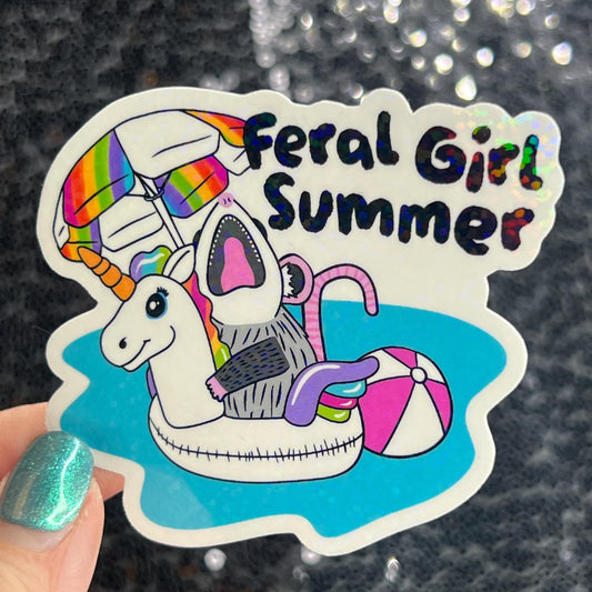 Feral Girl Summer Holographic Sparkly Sticker Beach Life Decal Boating Sticker Summer Vacation Ocean Life Sticker Possum Swimming
