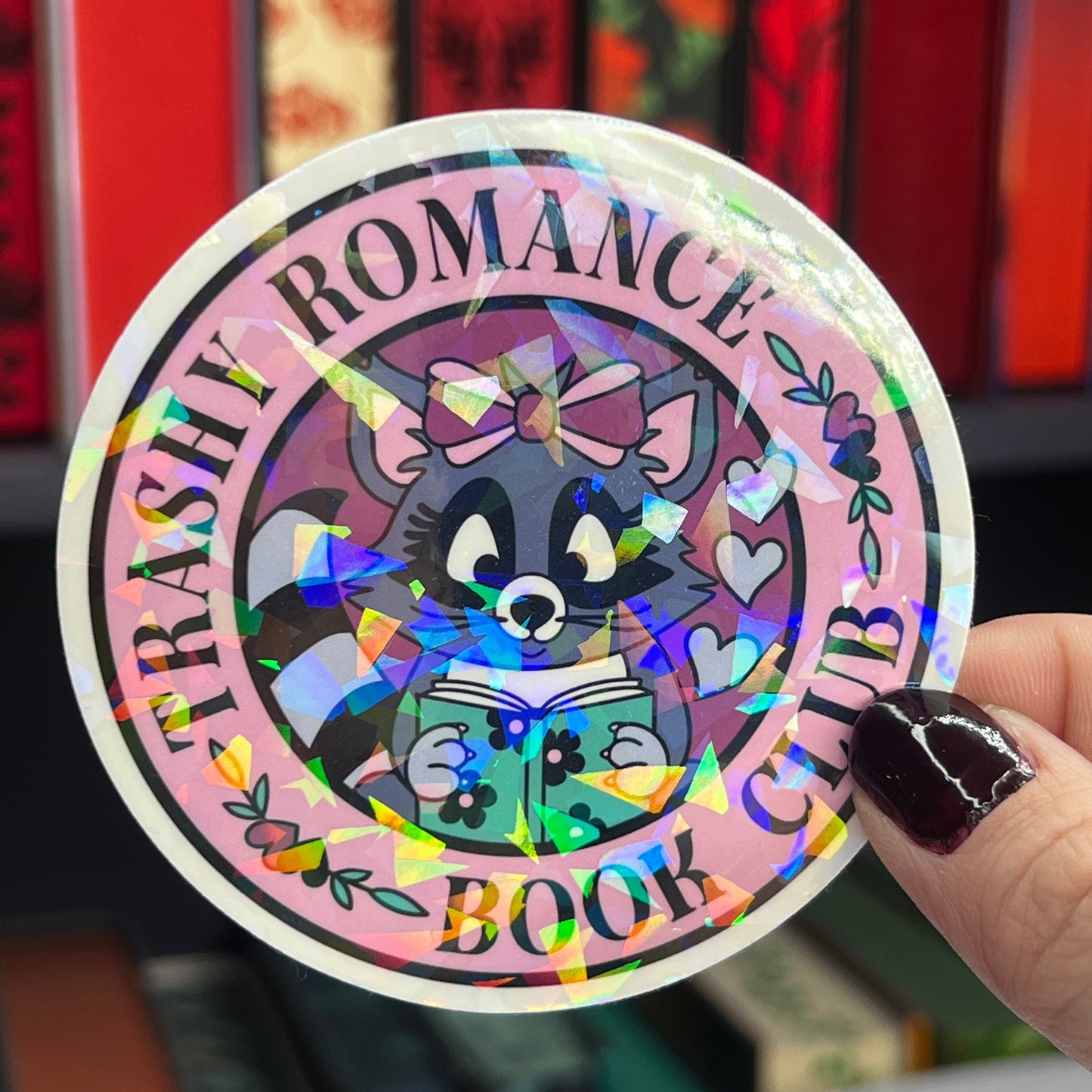 Trashy Romance Book Club Raccoon Holographic Sticker, Spicy Dark Romance, Booktok, kindle laptop stickers Smut decal Funny Reader Bookish