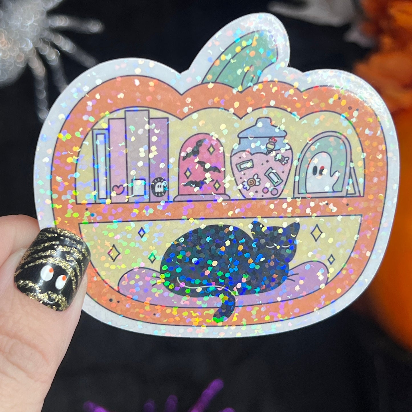 Pumpkin Jack O'Lantern Bookshelf Black Cat Holographic Sticker Halloween Kindle Decal Spooky Fall Reader Gift Bookish Decal