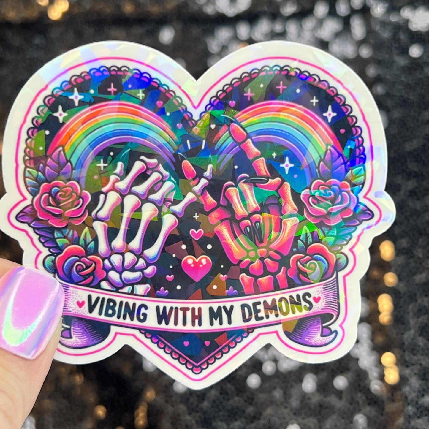 Vibing with my demons colorful Holographic Sticker Mental Health Sticker Sparkly Spread Positivity Good Vibes Decal Inspirational Rainbow