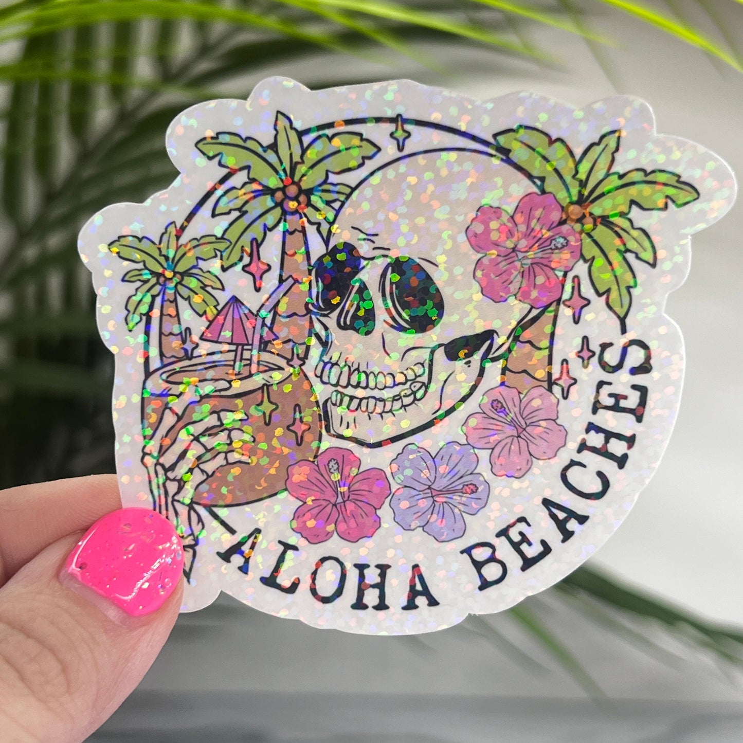 Aloha Beaches Skeleton Summer Holographic Sparkly Sticker Beach Life Decal Boating Sticker Summer Vacation Ocean Life Sticker