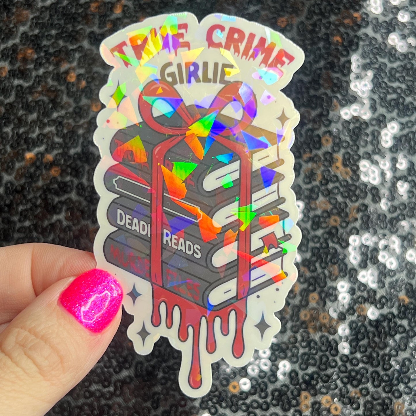 True Crime Girly Bookish Holographic Sticker Decal, Spicy Dark Romance, Horror Bookish kindle laptop Reader Bookish Present Gift