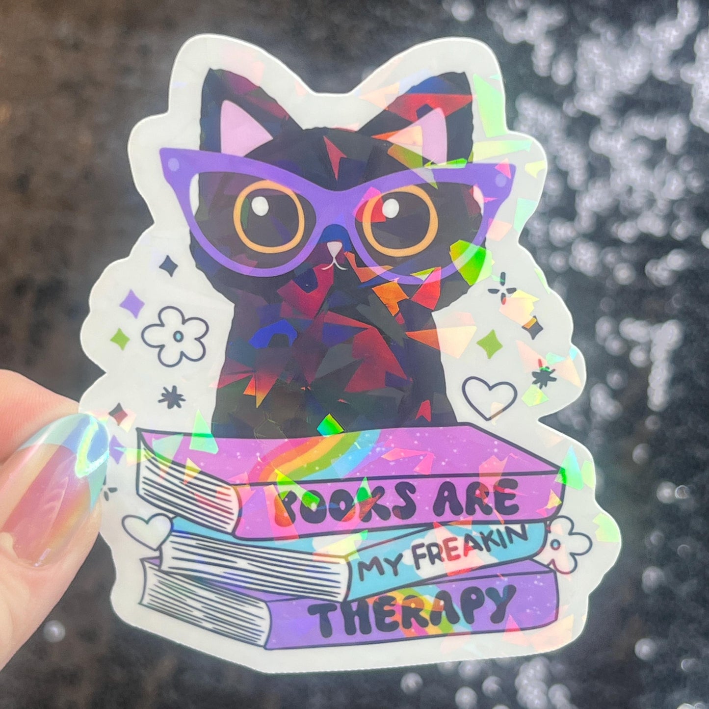 Books are My Therapy Holographic Sticker Book Lover Sparkly Decal, Spicy Bookclub, kindle waterbottle laptop Reader Librarian Gift
