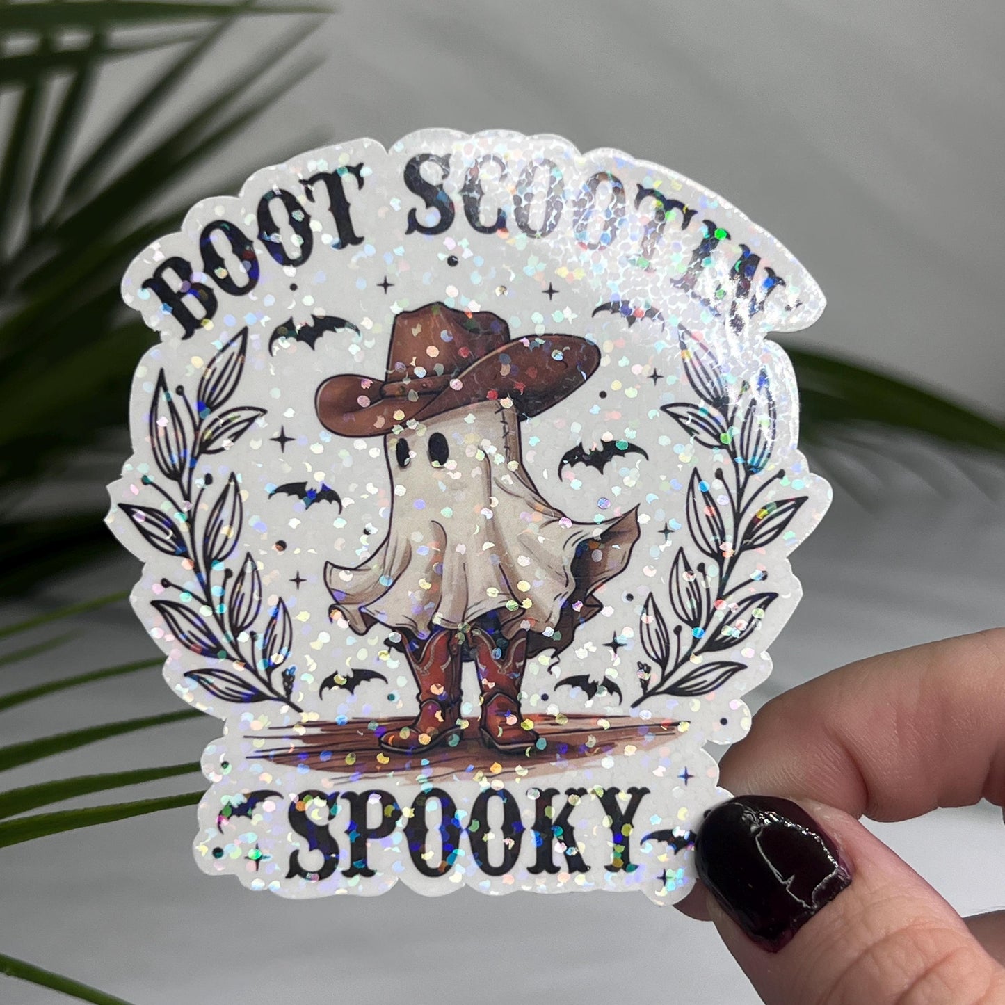 Boot Scootin Spooky Ghost Halloween Sticker | Mental Health Sticker Funny & Sassy Decal Sparkly Work Humor Sticker Spooky Season