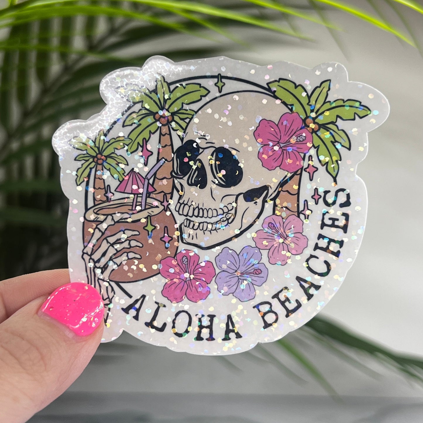 Aloha Beaches Skeleton Summer Holographic Sparkly Sticker Beach Life Decal Boating Sticker Summer Vacation Ocean Life Sticker