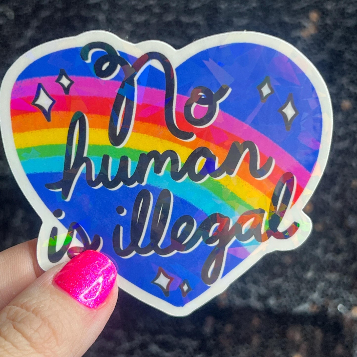No Human Is Illegal Holographic Sticker Hands Offf Protest Anti Trump JD Vance Pro Choice Feminist Sticker Liberal Democrat Decal Minimalist