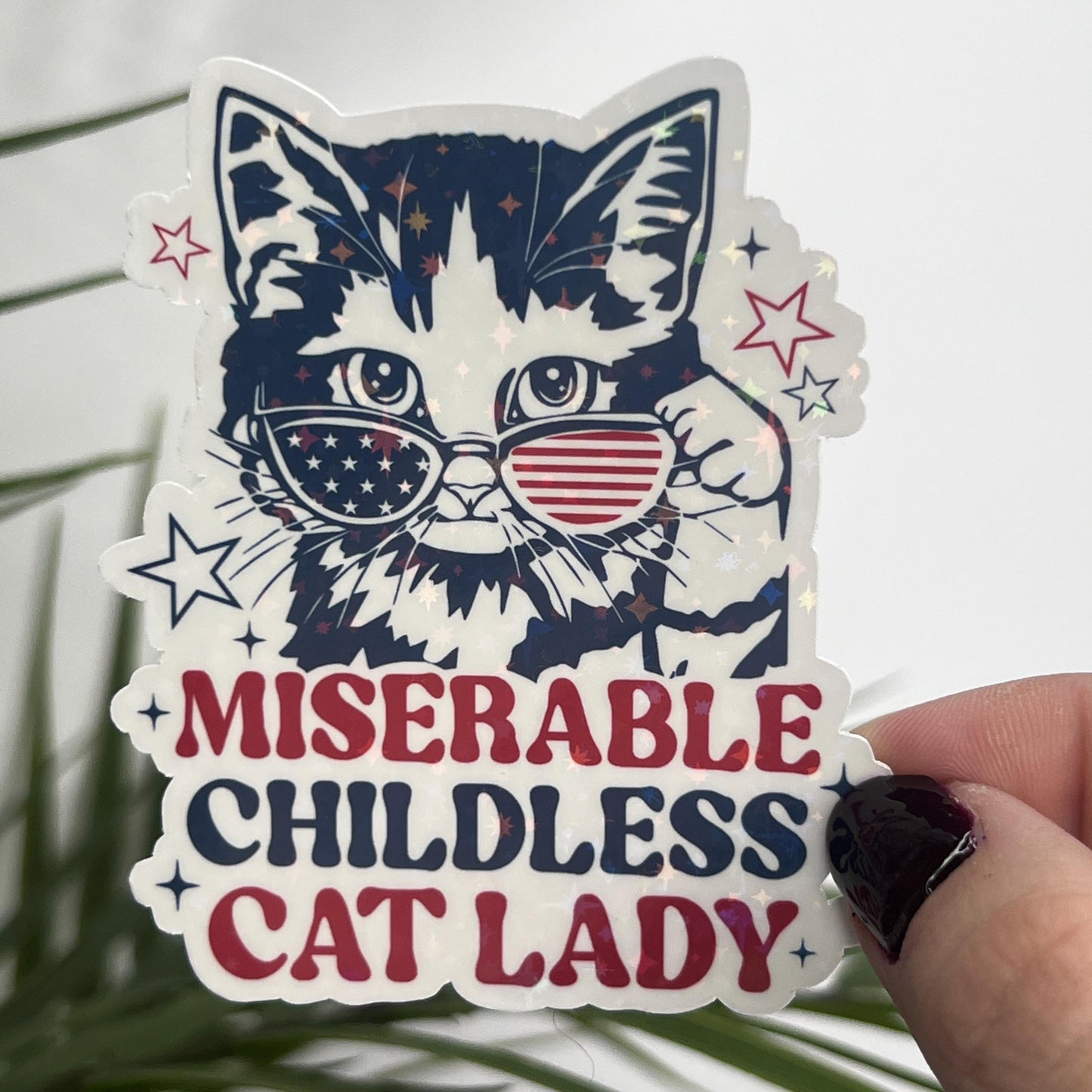 Miserable Childless Cat Lady Holographic Sticker Kamala Walz Decal Anti Trump JD Vance Pro Choice Feminist Sticker Liberal Democrat Decal