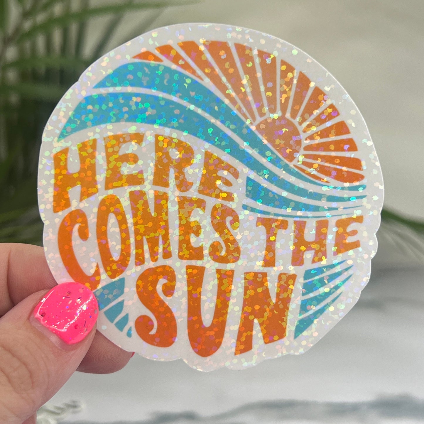 Here Comes the Sun Summer Holographic Sparkly Sticker Beach Life Decal Boating Sticker Summer Vacation Ocean Life Sticker