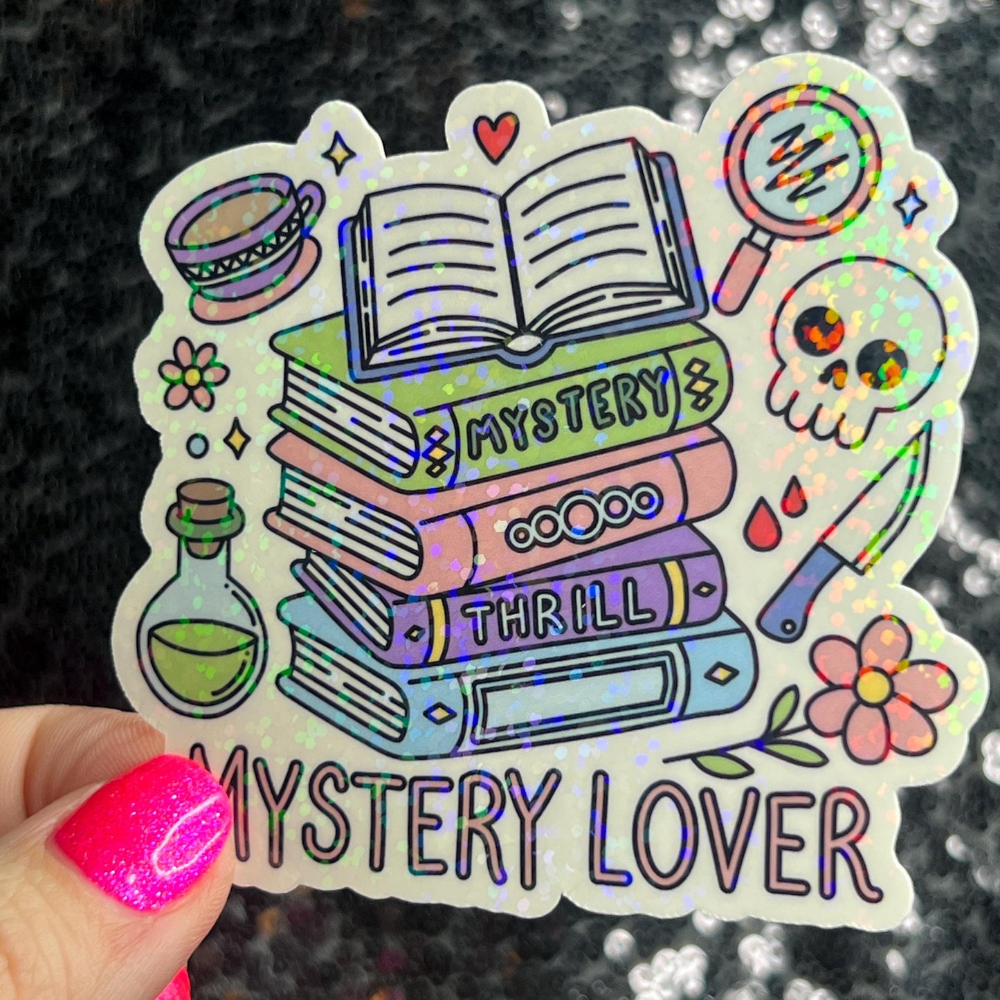 Mystery Lover Holographic Sticker Decal, Cozy Mystery Reads Bookish kindle waterbottle laptop Reader Bookish Present Gift