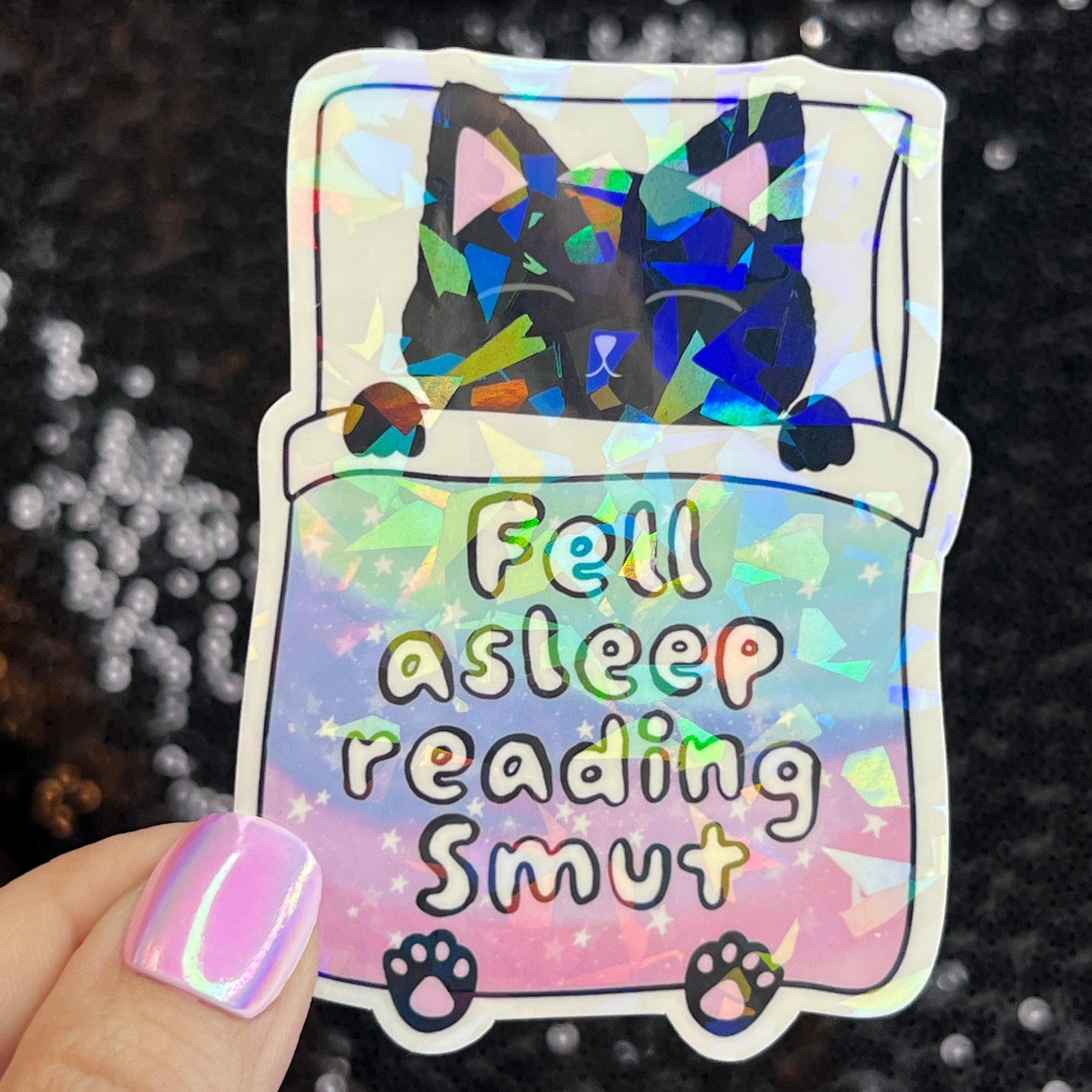 Fell Asleep Reading Smut Sparkly Sticker Holographic Book Book Lover, Spicy Dark Romance, Booktok, kindle waterbottle laptop Romance Decal