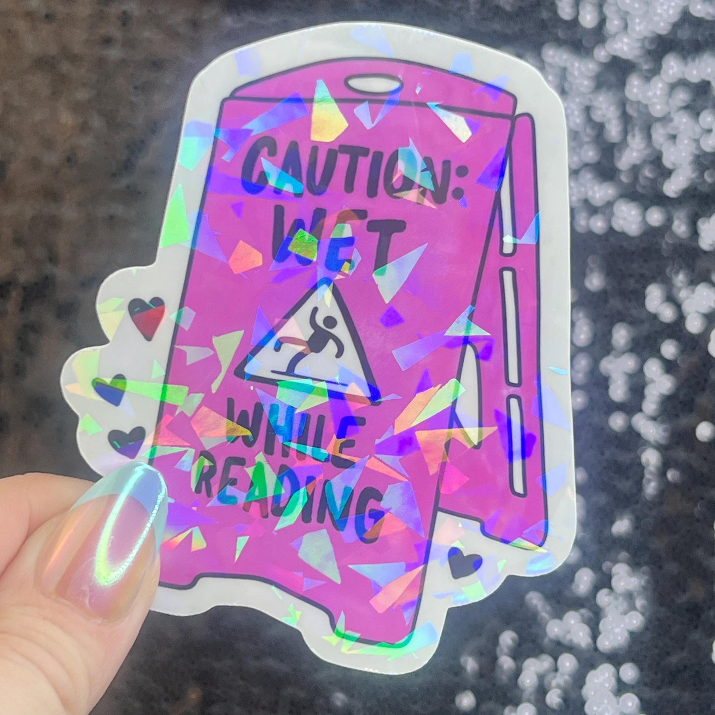 Caution Wet While Reading Funny Sparkly Sticker Holographic Book Lover, Spicy Dark Romance, Booktok, kindle waterbottle laptop Romance Decal