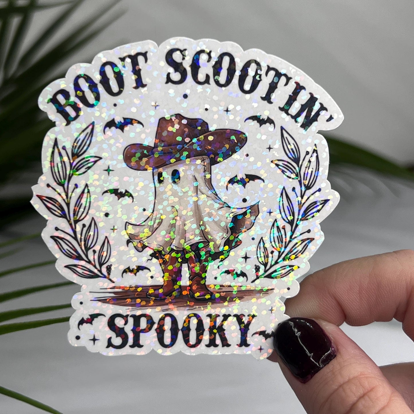 Boot Scootin Spooky Ghost Halloween Sticker | Mental Health Sticker Funny & Sassy Decal Sparkly Work Humor Sticker Spooky Season