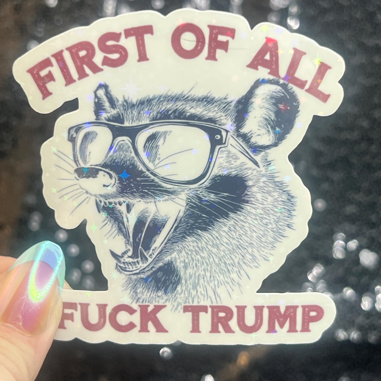 First of All F Trump Possum Sparkly Holographic Sticker F Trump Decal Democrat Liberal Feminist Sticker Human Rights Oligarchy Sticker