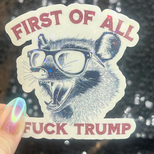 First of All F Trump Possum Sparkly Holographic Sticker F Trump Decal Democrat Liberal Feminist Sticker Human Rights Oligarchy Sticker