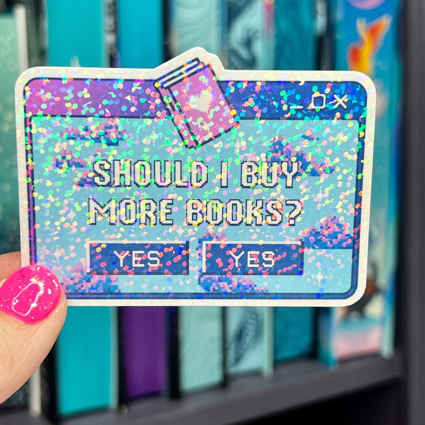 Should I Buy More Books Retro Sticker Holographic Book Lover Sparkly Decal, Spicy Dark Romance, kindle waterbottle laptop