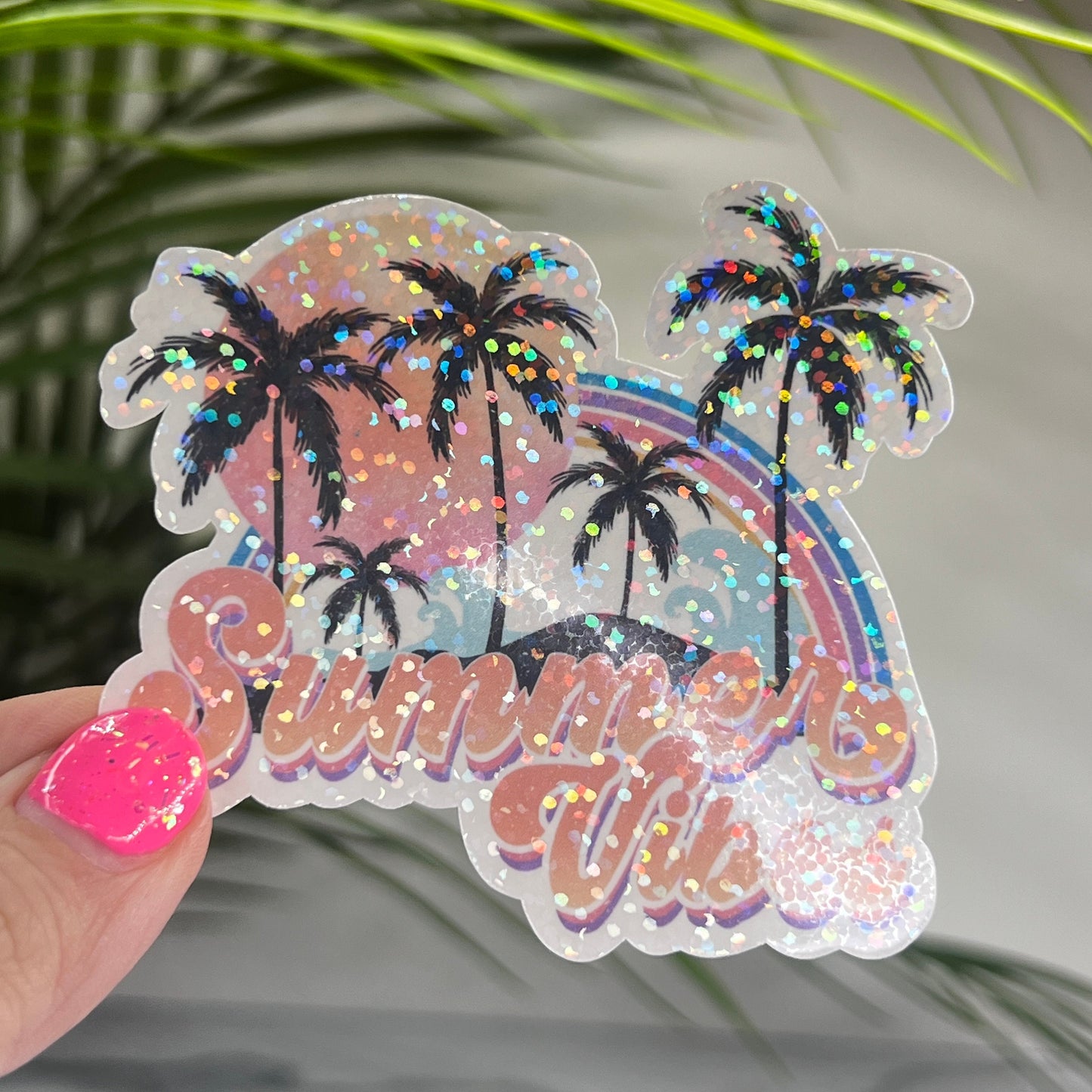 Summer Vibes Palm Trees Rainbow Holographic Sparkly Sticker Beach Life Decal Boating Sticker Summer Vacation Ocean Life Sticker