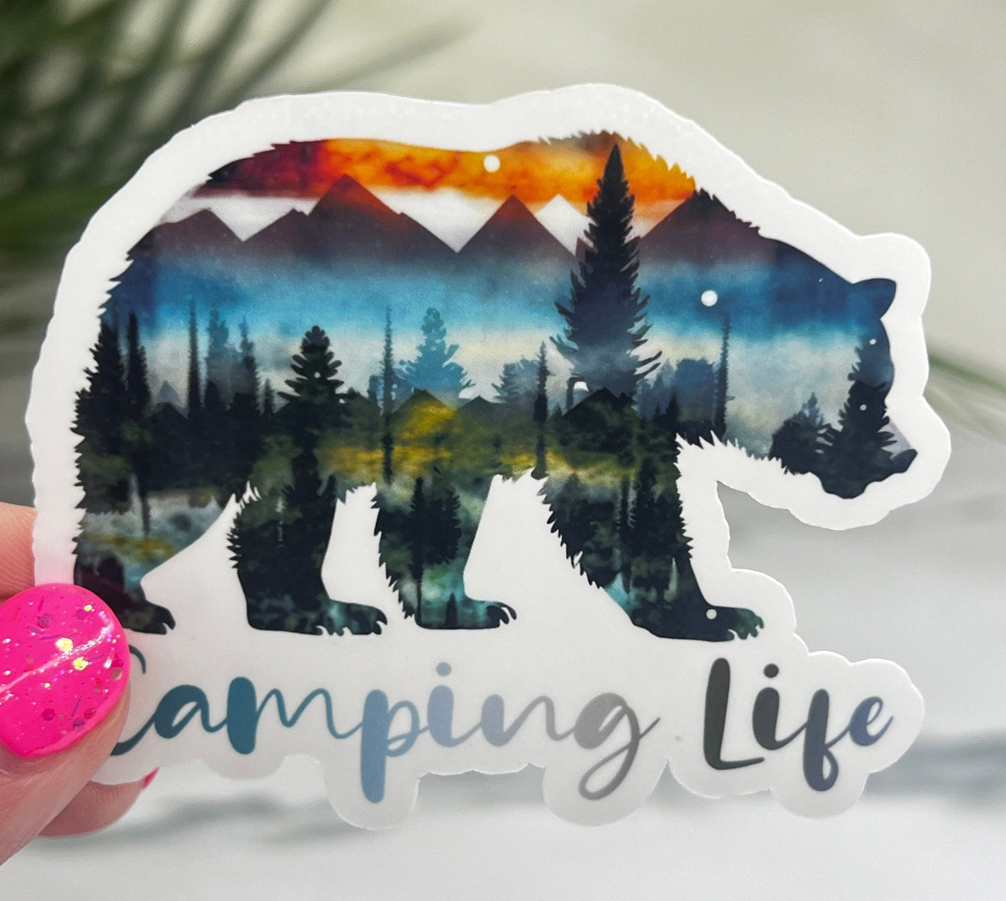 Camping Life Bear Mountain Watercolor Sparkly Sticker Adventure Sticker RV Sticker Outdoor Decal Nature Sticker Travel Hiking Camping