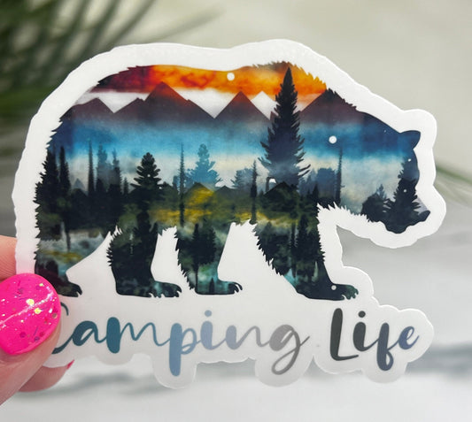 Camping Life Bear Mountain Watercolor Sparkly Sticker Adventure Sticker RV Sticker Outdoor Decal Nature Sticker Travel Hiking Camping