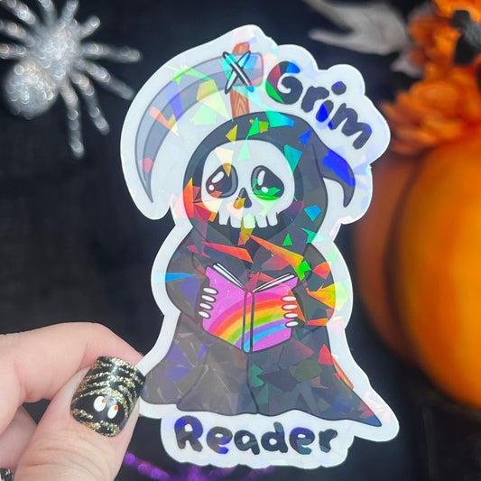 Grim Reader Reaper Halloween Holographic Sticker Halloween Kindle Decal Spooky Fall Reader Gift Bookish Decal