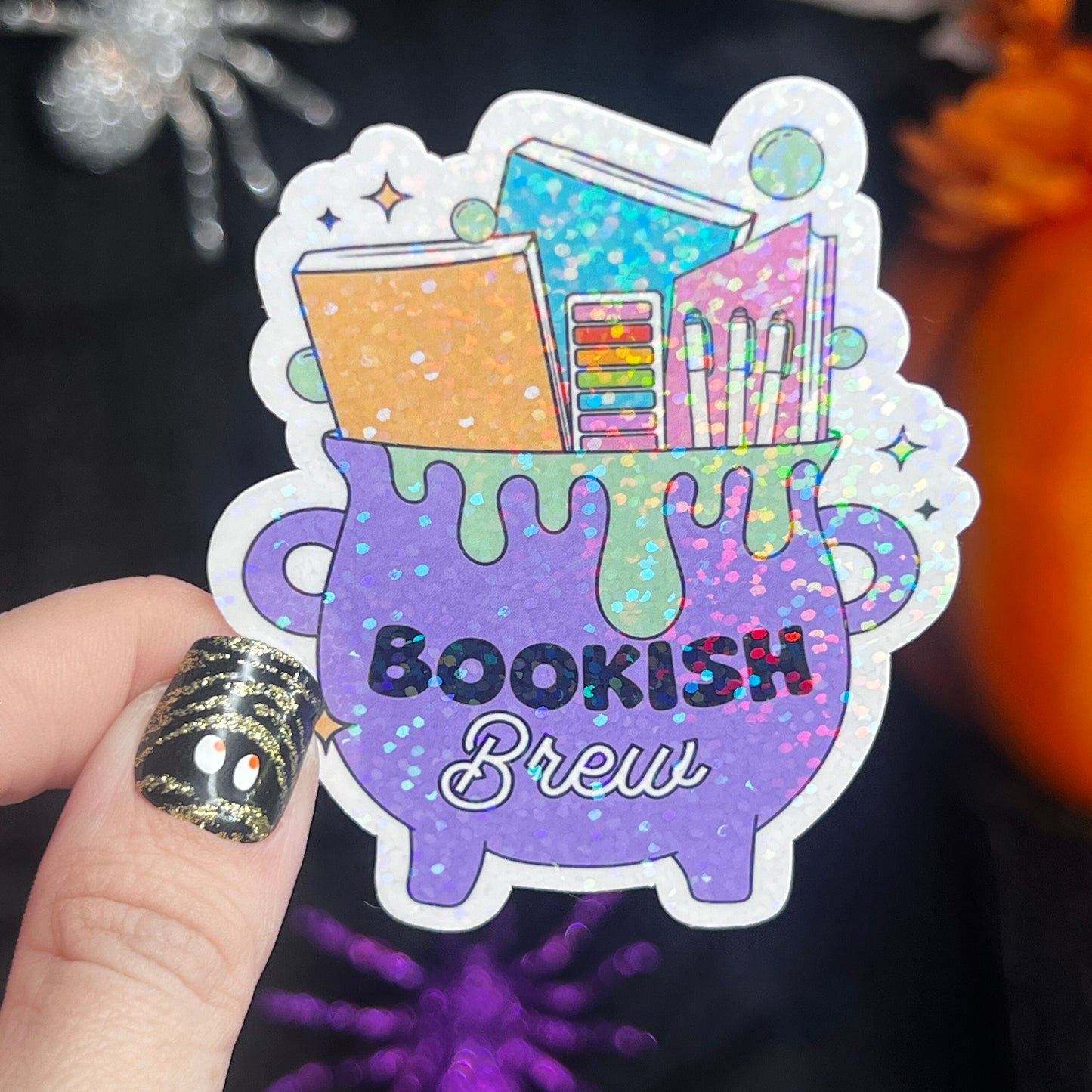 Purple Bookish Cauldron Halloween Bookshelf Holographic Sticker Halloween Kindle Decal Spooky Fall Reader Gift Bookish Decal