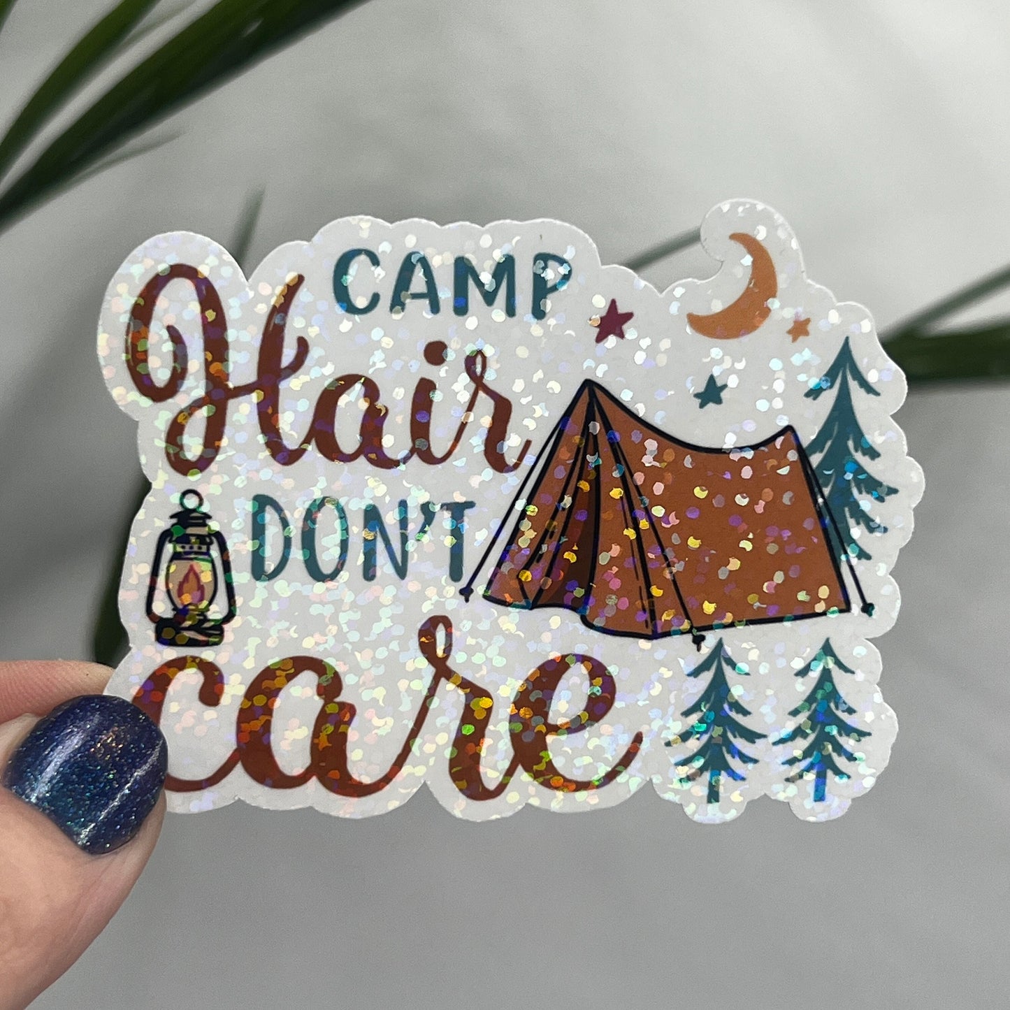Camp Hair Don’t Care Holographic Sparkly Sticker Adventure Sticker RV Sticker Outdoor Decal Nature Sticker Travel Hiking Backpacking