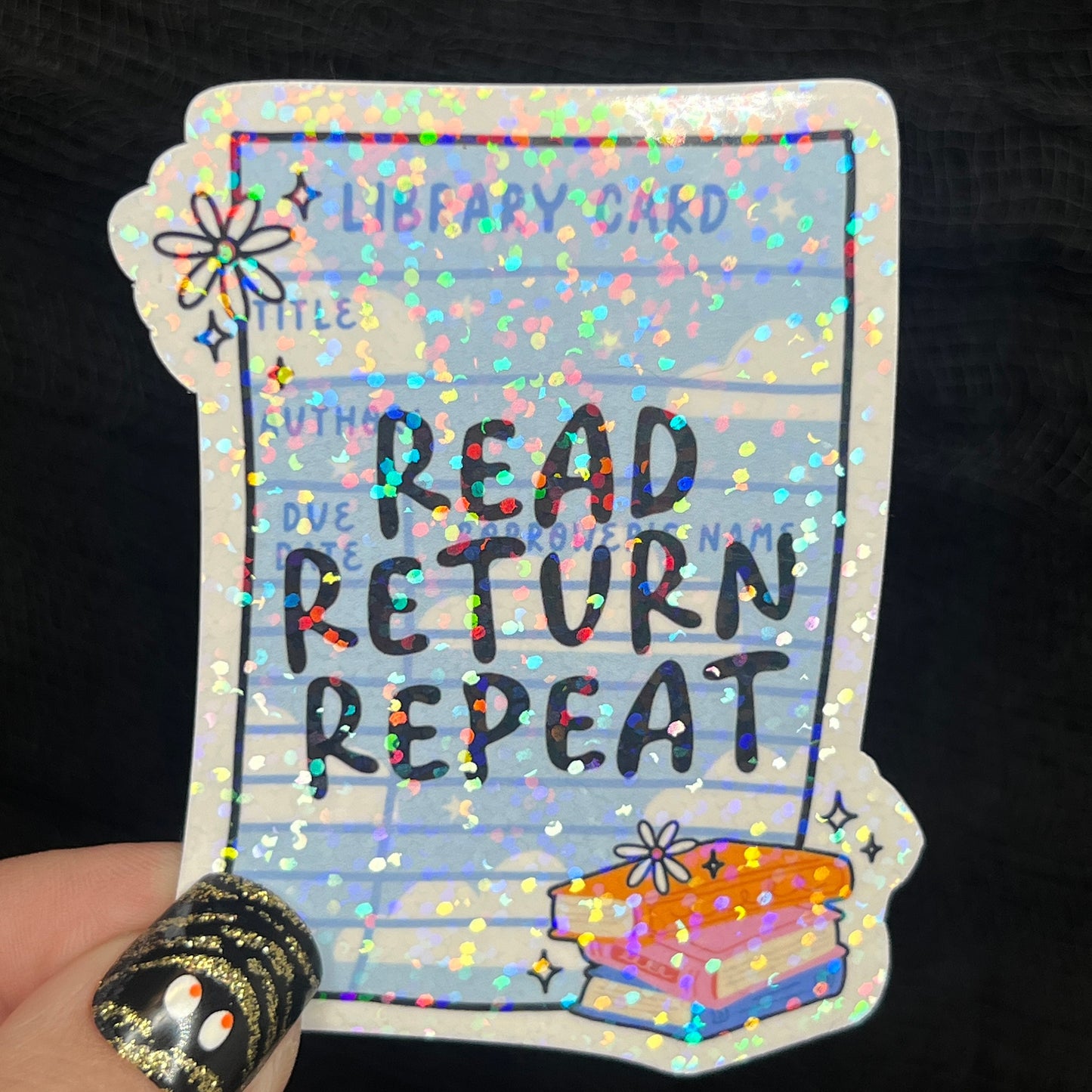 Library Card Read Return Repeat Sparkly Holographic Sticker Decal, Librarian Gift kindle waterbottle laptop Reader Bookish Present Gift